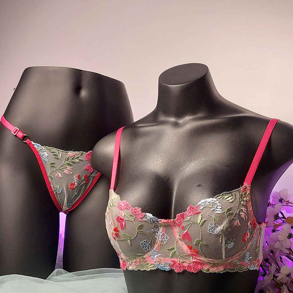 ۲۰۲۴۰۵۱۰_۱۴۰۸۰۷_12 👙 ست شورت و سوتین توری طرح شکوفه صورتی | برند Arona ترکیه | کاپ B - Image 1